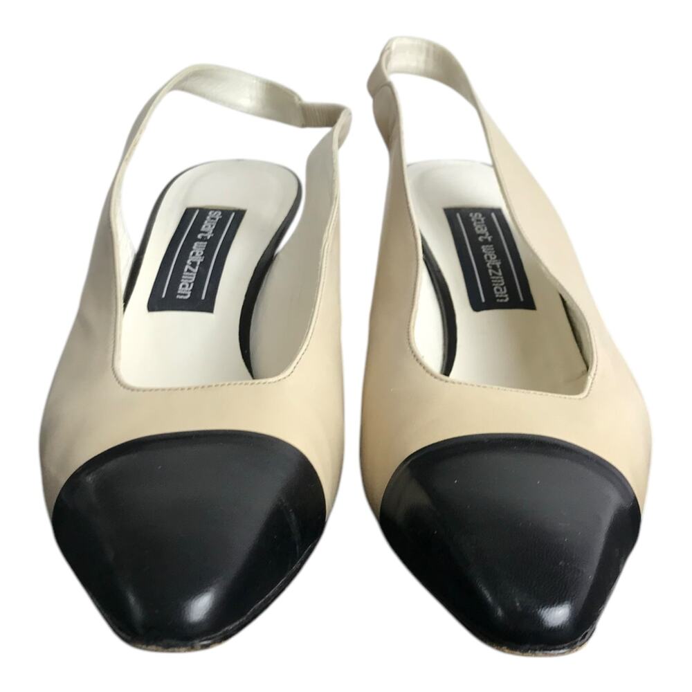 Stuart‎ Weitzman Shoes Womens Size 9 Beige Slingback Leather Black Toes 3" Heels
